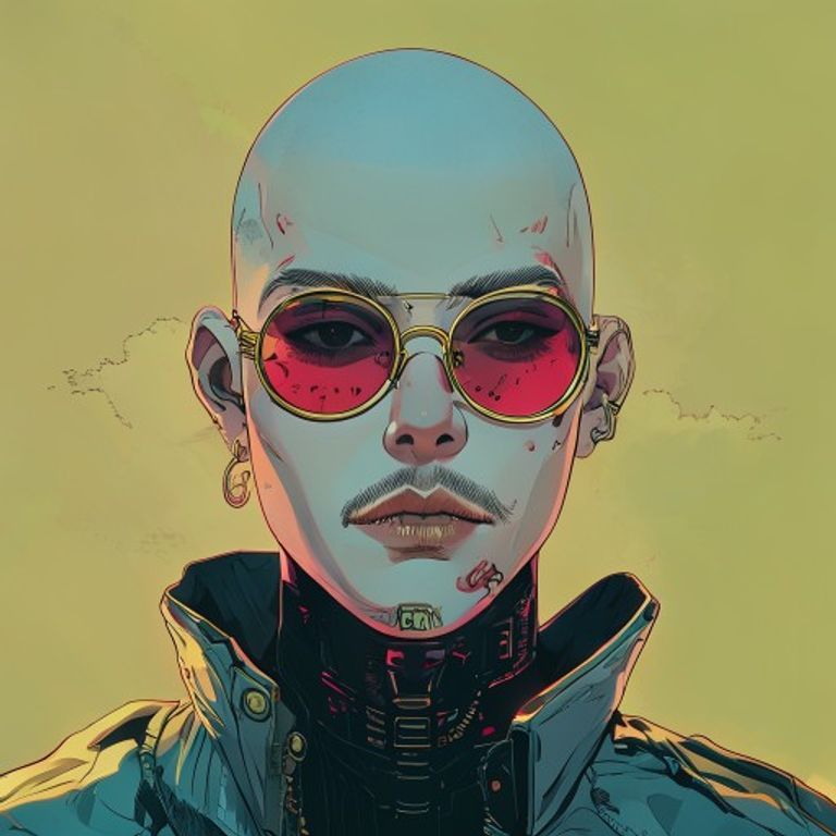 Cyborg character with round pink sunglasses